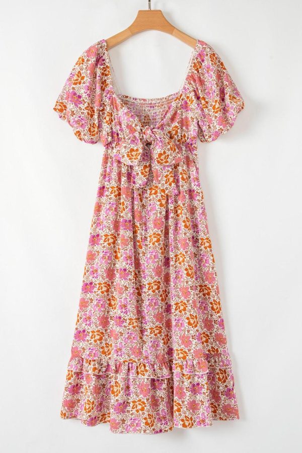 Women Pink Floral Square Neck Knotted Ruffle Midi Dress | Midi Dresses - Image 4