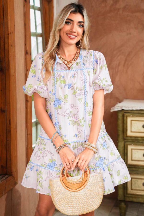 Women Pink Floral Striped Print Contrast Trim Tie Split Neck Mini Dress | Short Dresses - Image 2