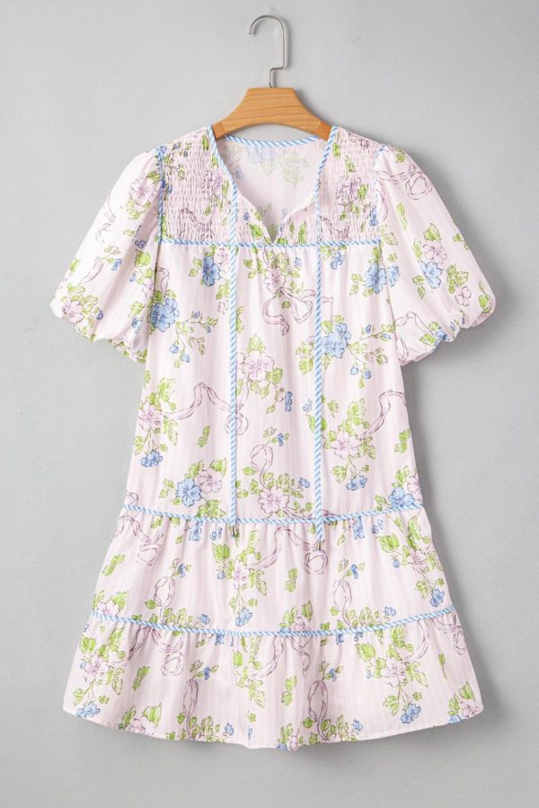 Women Pink Floral Striped Print Contrast Trim Tie Split Neck Mini Dress | Short Dresses - Image 4