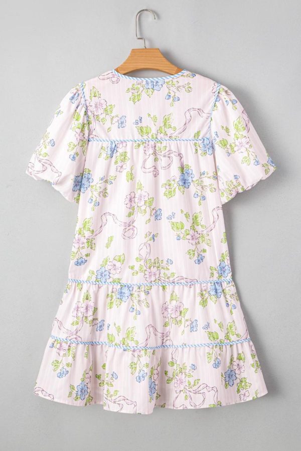 Women Pink Floral Striped Print Contrast Trim Tie Split Neck Mini Dress | Short Dresses - Image 5