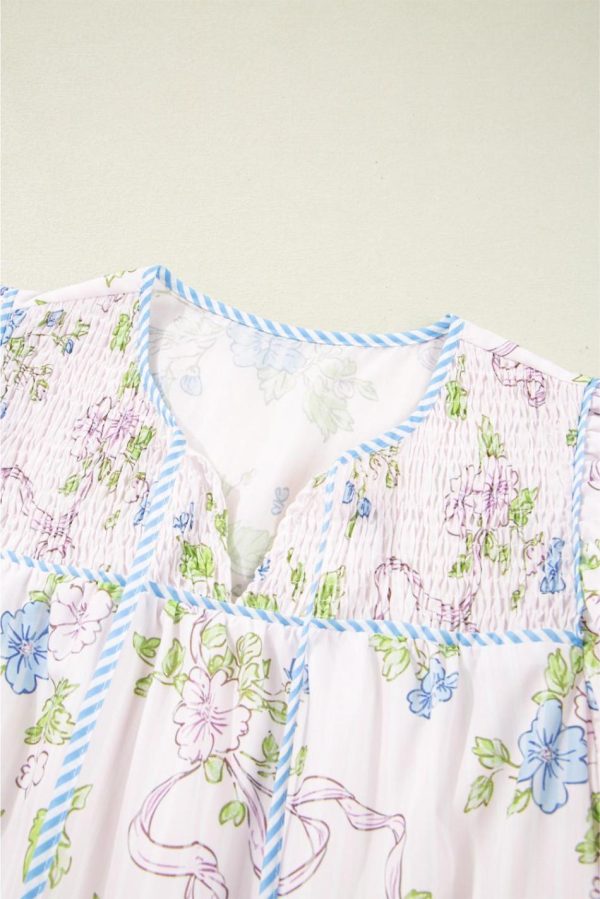 Women Pink Floral Striped Print Contrast Trim Tie Split Neck Mini Dress | Short Dresses - Image 6