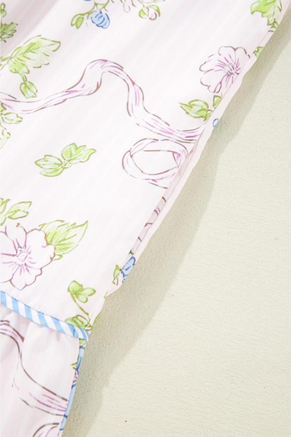 Women Pink Floral Striped Print Contrast Trim Tie Split Neck Mini Dress | Short Dresses - Image 7