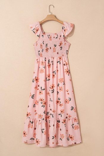 Women Pink Floral V Neck Smocked High Waist Ruffle Hem Maxi Dress | Maxi Dresses