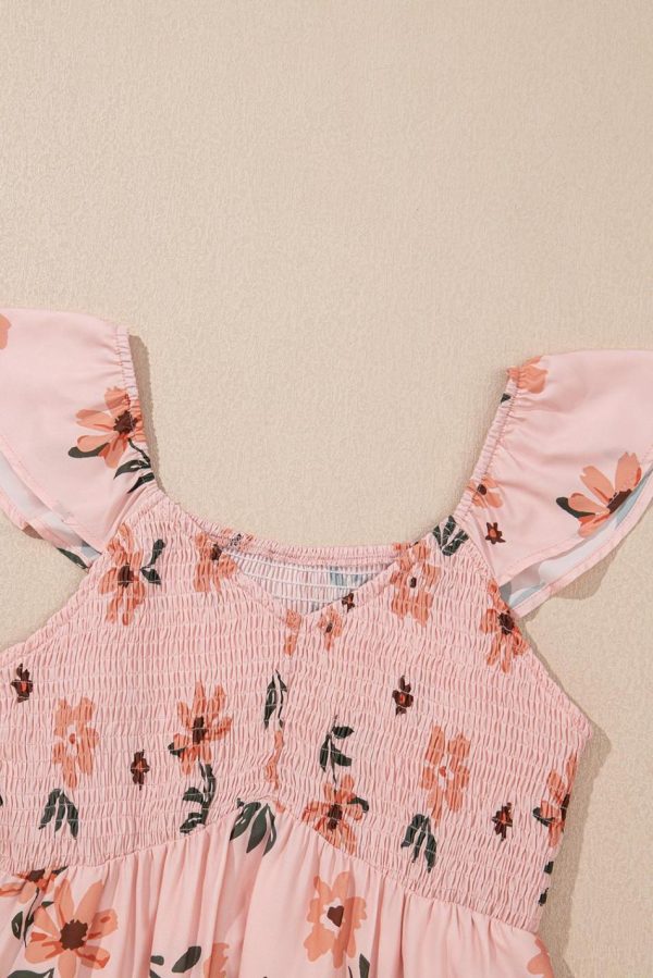 Women Pink Floral V Neck Smocked High Waist Ruffle Hem Maxi Dress | Maxi Dresses - Image 2