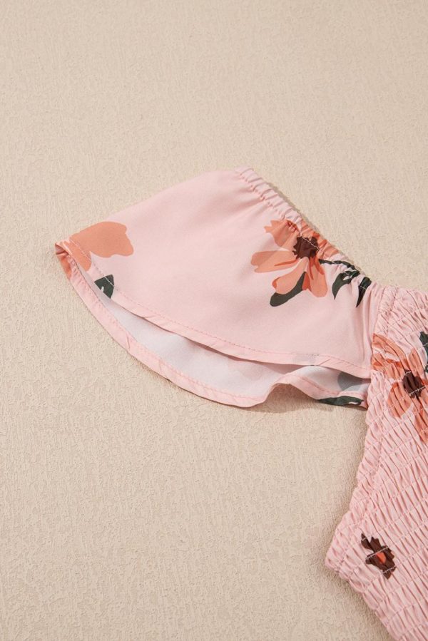 Women Pink Floral V Neck Smocked High Waist Ruffle Hem Maxi Dress | Maxi Dresses - Image 3