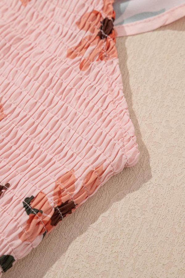 Women Pink Floral V Neck Smocked High Waist Ruffle Hem Maxi Dress | Maxi Dresses - Image 4