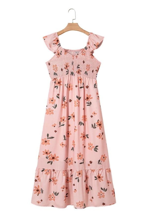Women Pink Floral V Neck Smocked High Waist Ruffle Hem Maxi Dress | Maxi Dresses - Image 7