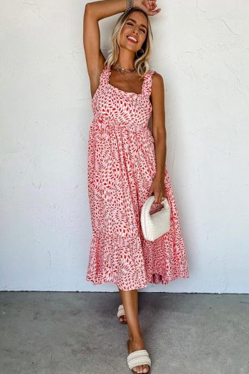 Women Pink Geometric Print Knot Back Sleeveless Ruffle Hem Dress | Midi Dresses