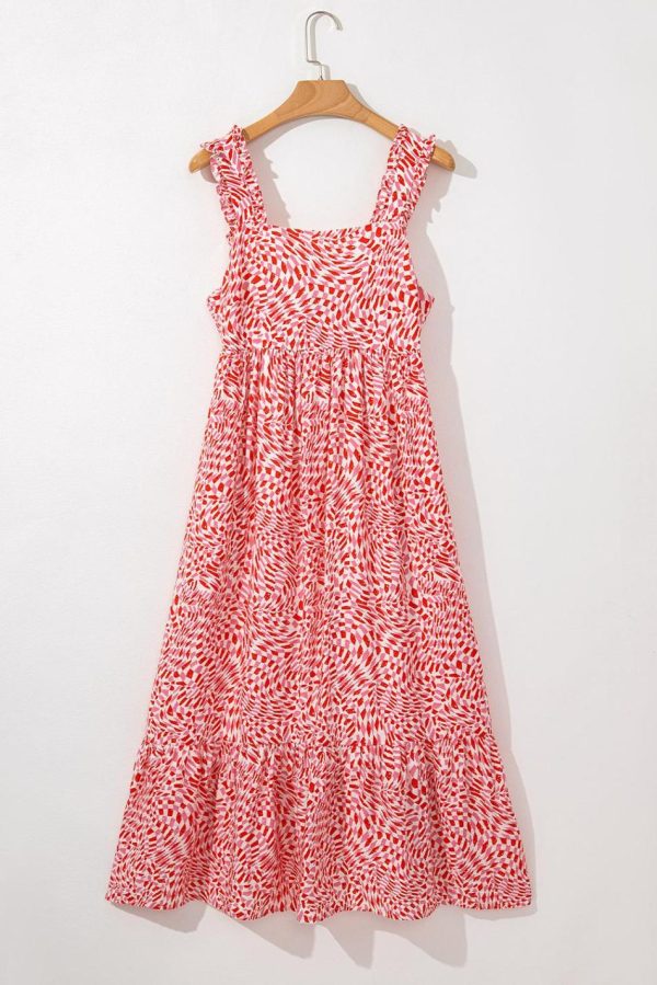 Women Pink Geometric Print Knot Back Sleeveless Ruffle Hem Dress | Midi Dresses - Image 2