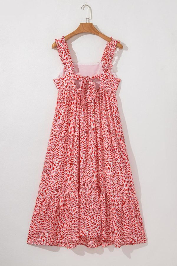 Women Pink Geometric Print Knot Back Sleeveless Ruffle Hem Dress | Midi Dresses - Image 3