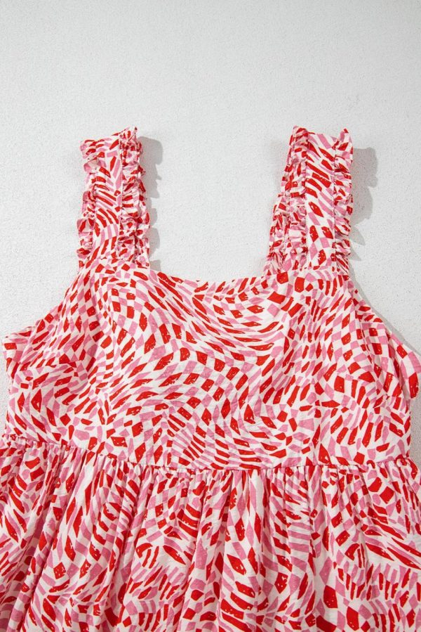 Women Pink Geometric Print Knot Back Sleeveless Ruffle Hem Dress | Midi Dresses - Image 4
