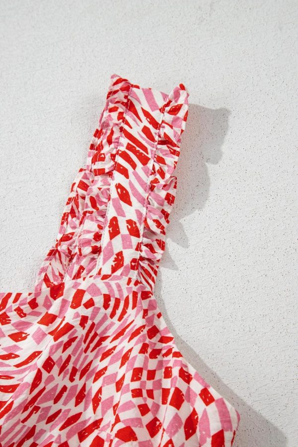 Women Pink Geometric Print Knot Back Sleeveless Ruffle Hem Dress | Midi Dresses - Image 5
