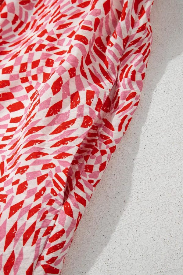 Women Pink Geometric Print Knot Back Sleeveless Ruffle Hem Dress | Midi Dresses - Image 6