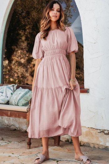 Women Pink Puff Sleeve High Waist Flowy Midi Dress | Midi Dresses
