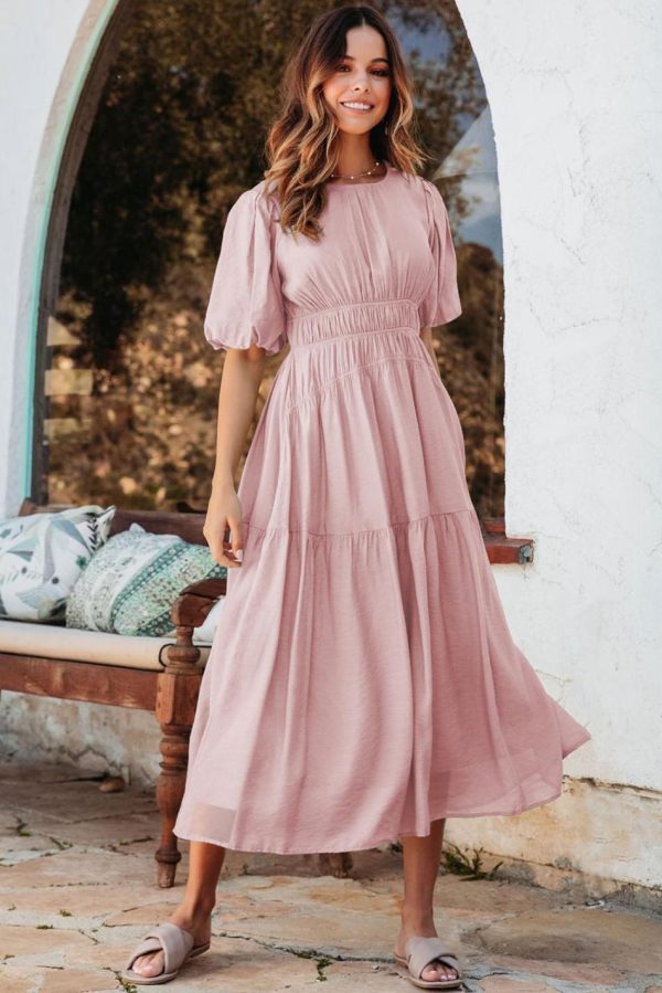 Women Pink Puff Sleeve High Waist Flowy Midi Dress | Midi Dresses - Image 2