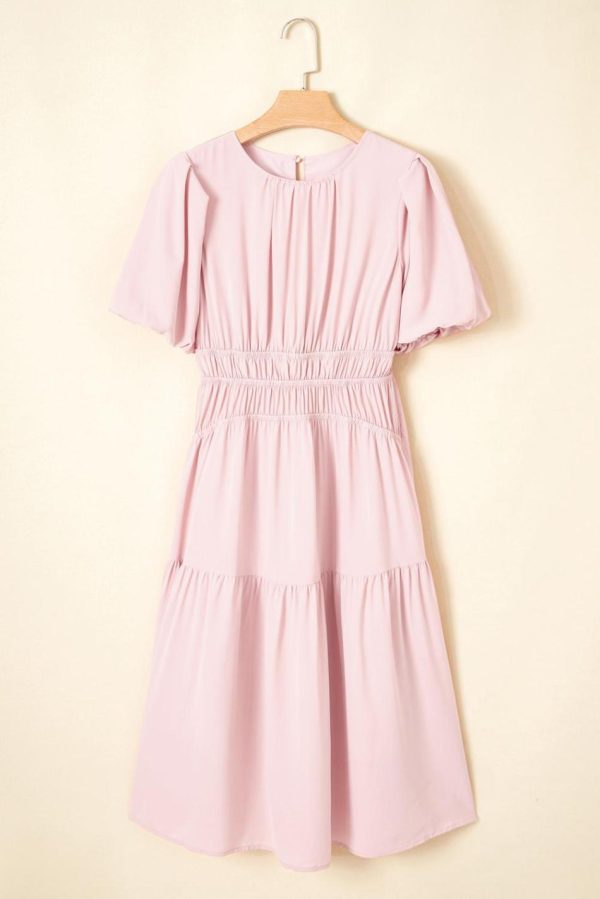 Women Pink Puff Sleeve High Waist Flowy Midi Dress | Midi Dresses - Image 3