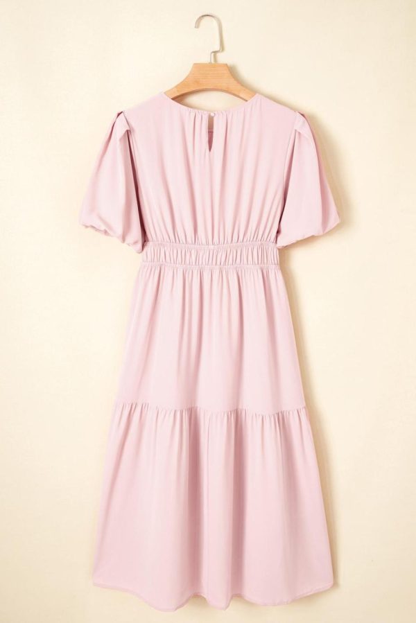 Women Pink Puff Sleeve High Waist Flowy Midi Dress | Midi Dresses - Image 4