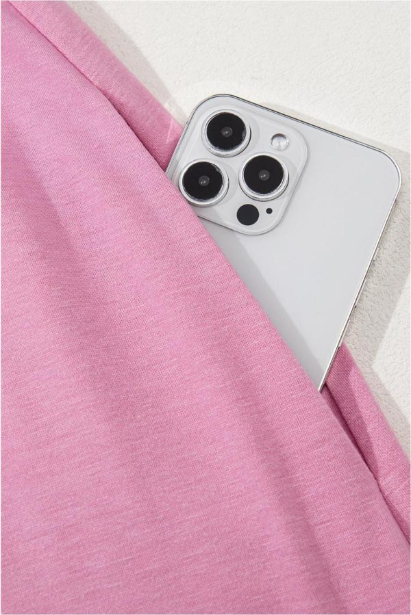 Women Pink Solid Color Short Sleeve High Waist Pocketed Midi Dress | Midi Dresses - Image 3