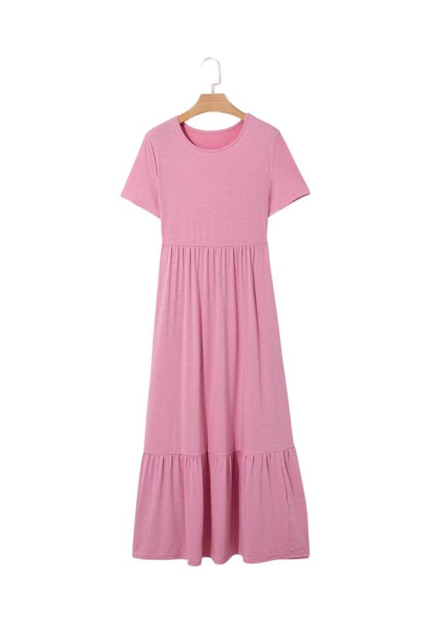 Women Pink Solid Color Short Sleeve High Waist Pocketed Midi Dress | Midi Dresses - Image 6