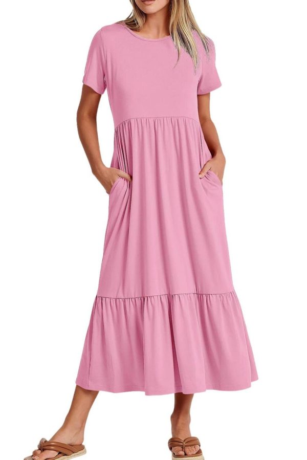 Women Pink Solid Color Short Sleeve High Waist Pocketed Midi Dress | Midi Dresses - Image 7