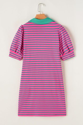 Women Pink Stripe Collared Puff Sleeve Pop Of Color Neckline T Shirt Dress | Short Dresses