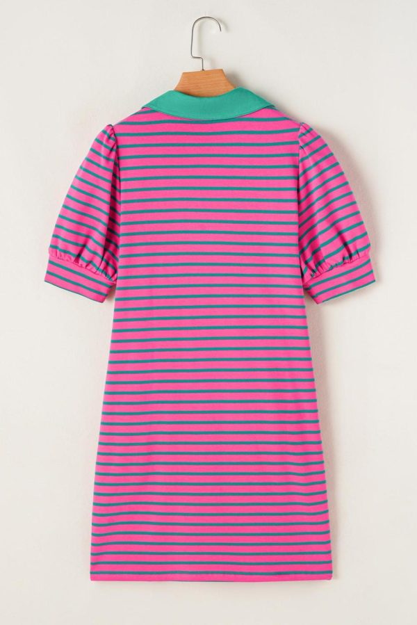 Women Pink Stripe Collared Puff Sleeve Pop Of Color Neckline T Shirt Dress | Short Dresses