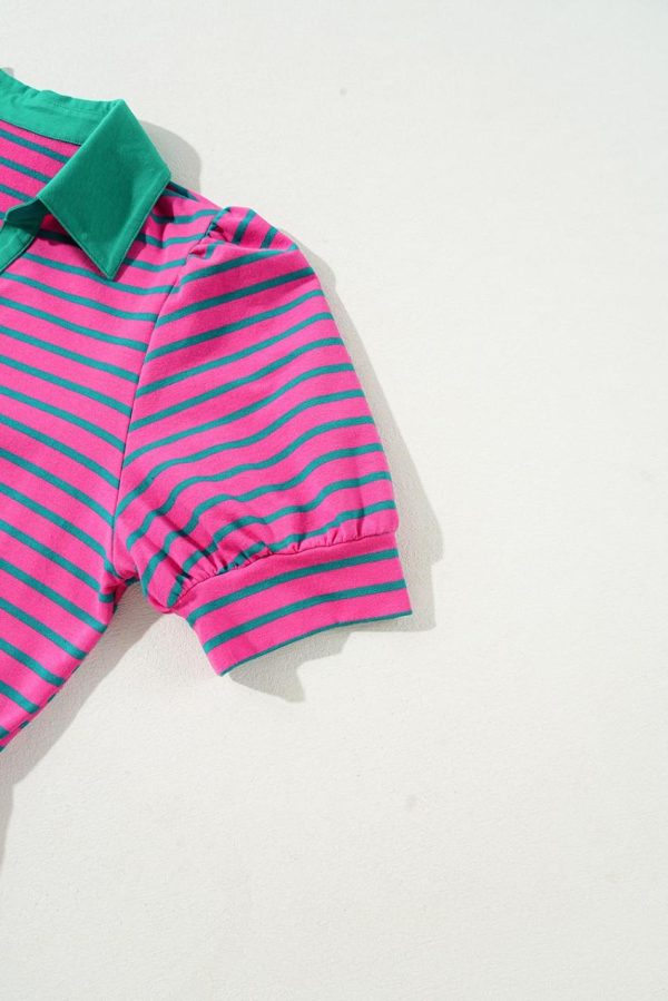 Women Pink Stripe Collared Puff Sleeve Pop Of Color Neckline T Shirt Dress | Short Dresses - Image 3