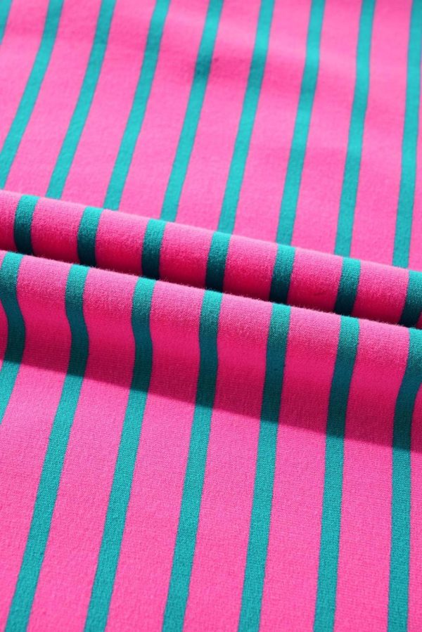 Women Pink Stripe Collared Puff Sleeve Pop Of Color Neckline T Shirt Dress | Short Dresses - Image 5