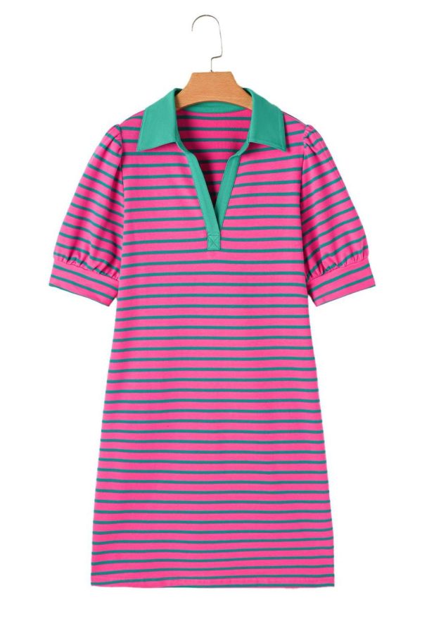 Women Pink Stripe Collared Puff Sleeve Pop Of Color Neckline T Shirt Dress | Short Dresses - Image 7