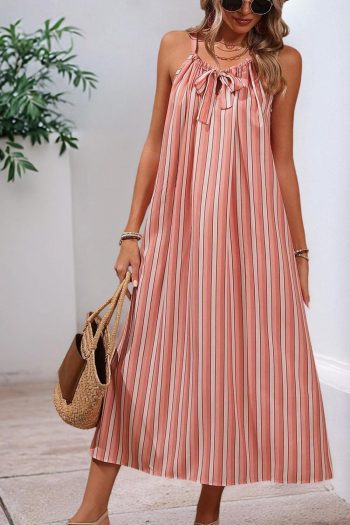 Women Pink Striped Bowknot Flowy Midi Dress | Midi Dresses