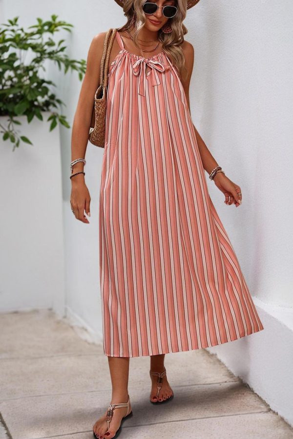 Women Pink Striped Bowknot Flowy Midi Dress | Midi Dresses - Image 2