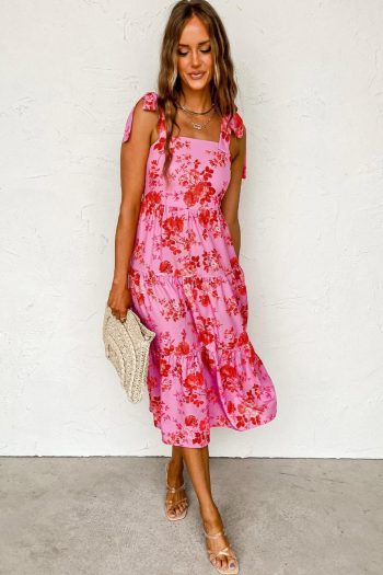 Women Pink Tie Shoulder Straps Tiered Floral Dress | Midi Dresses