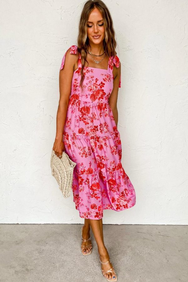 Women Pink Tie Shoulder Straps Tiered Floral Dress | Midi Dresses