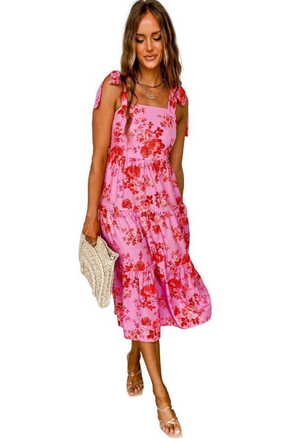 Women Pink Tie Shoulder Straps Tiered Floral Dress | Midi Dresses - Image 3