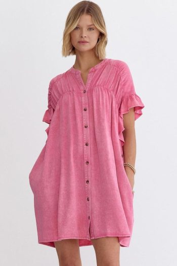 Women Pink Washed Ruffle Short Sleeve Ruched Denim Mini Dress | Short Dresses