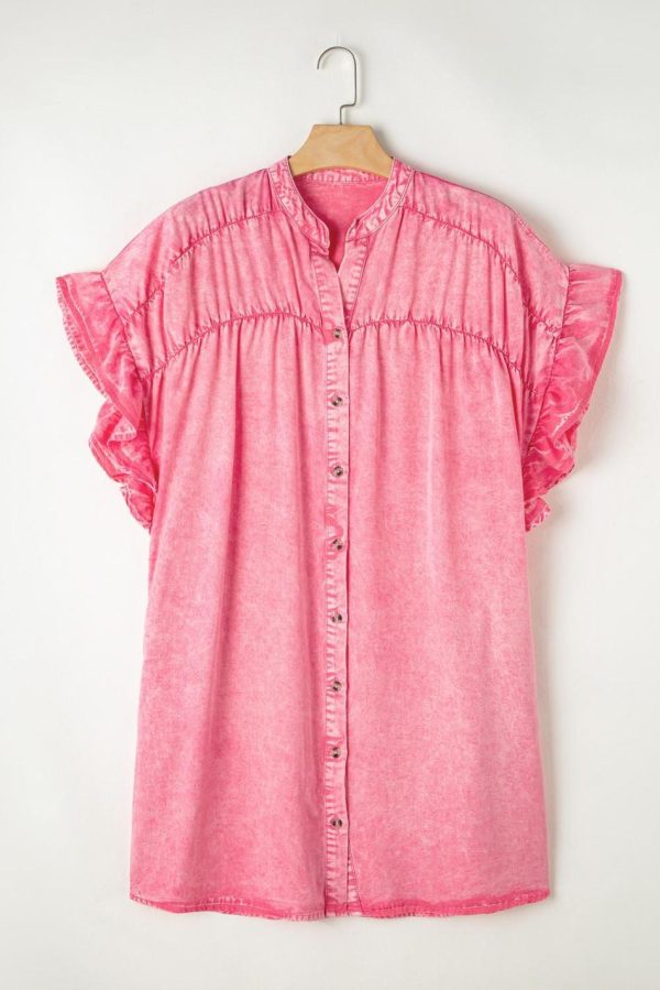 Women Pink Washed Ruffle Short Sleeve Ruched Denim Mini Dress | Short Dresses - Image 2