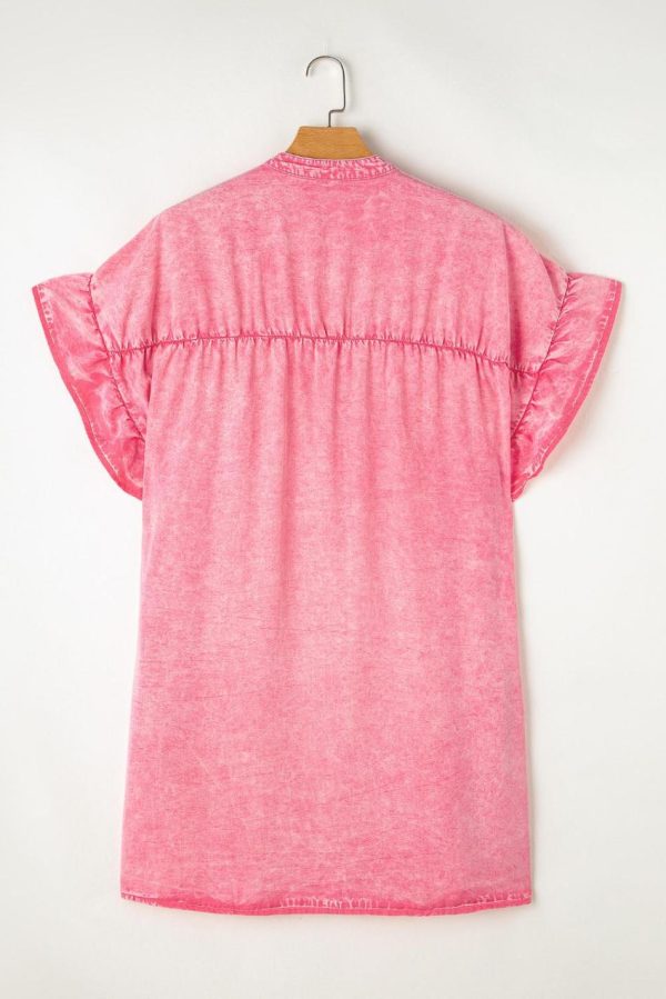Women Pink Washed Ruffle Short Sleeve Ruched Denim Mini Dress | Short Dresses - Image 3