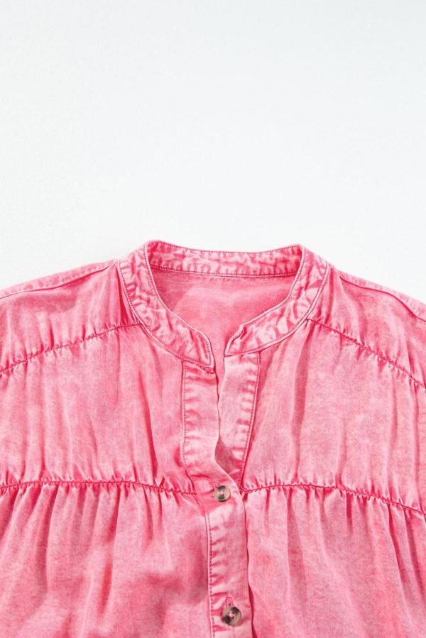 Women Pink Washed Ruffle Short Sleeve Ruched Denim Mini Dress | Short Dresses - Image 4