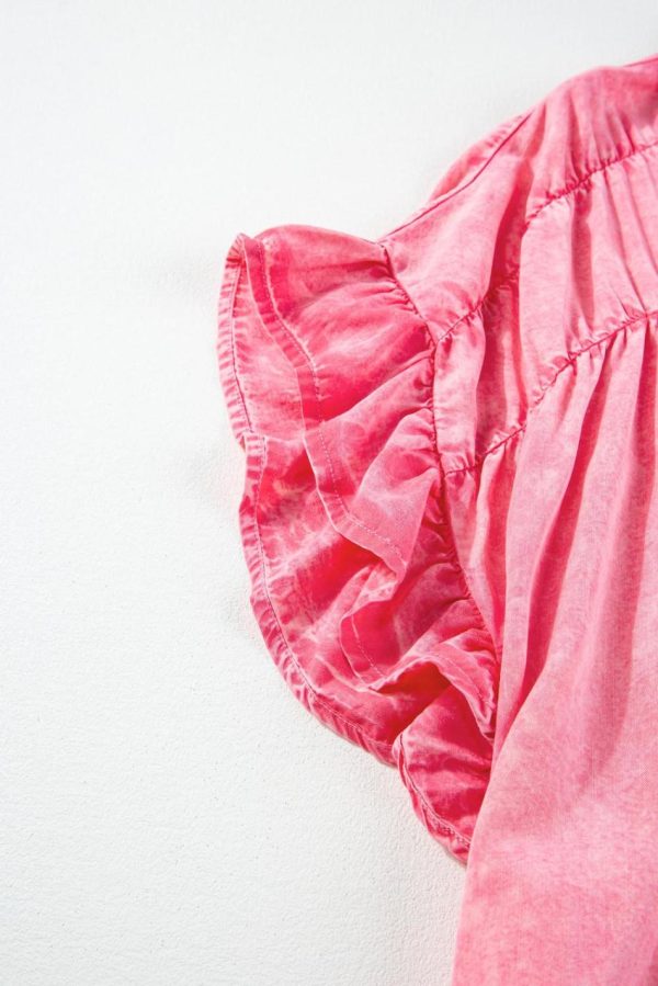 Women Pink Washed Ruffle Short Sleeve Ruched Denim Mini Dress | Short Dresses - Image 6