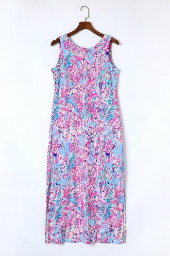 Women Purple Abstract Print Side Splits Round Neck Sleeveless Maxi Dress | Maxi Dresses