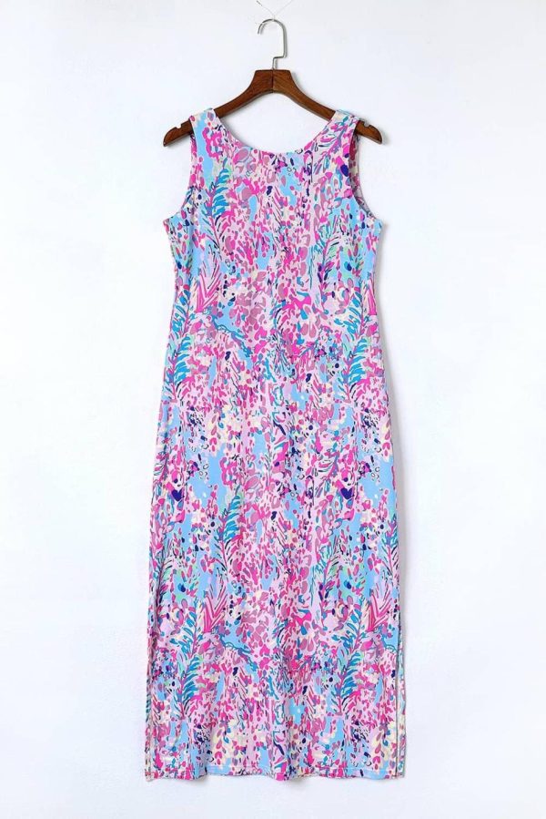 Women Purple Abstract Print Side Splits Round Neck Sleeveless Maxi Dress | Maxi Dresses
