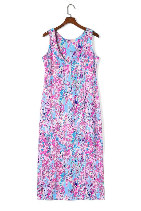 Women Purple Abstract Print Side Splits Round Neck Sleeveless Maxi Dress | Maxi Dresses - Image 6