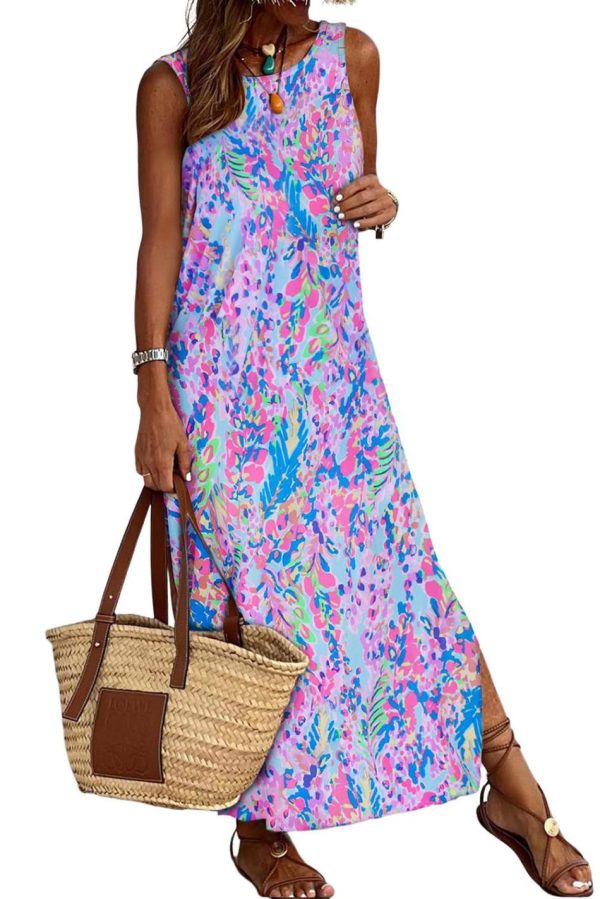 Women Purple Abstract Print Side Splits Round Neck Sleeveless Maxi Dress | Maxi Dresses - Image 7