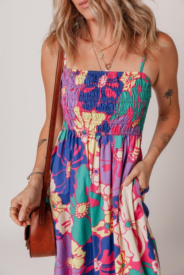 Women Purple Floral Print Shirred Spaghetti Strap Loose Maxi Dress | Maxi Dresses