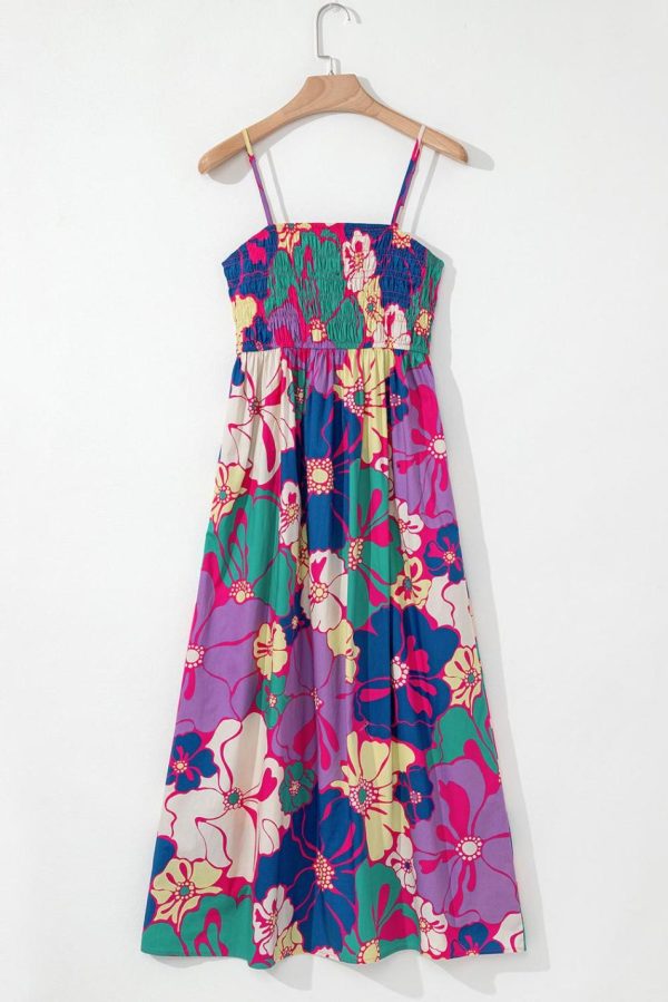 Women Purple Floral Print Shirred Spaghetti Strap Loose Maxi Dress | Maxi Dresses - Image 2