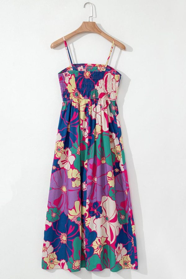 Women Purple Floral Print Shirred Spaghetti Strap Loose Maxi Dress | Maxi Dresses - Image 3
