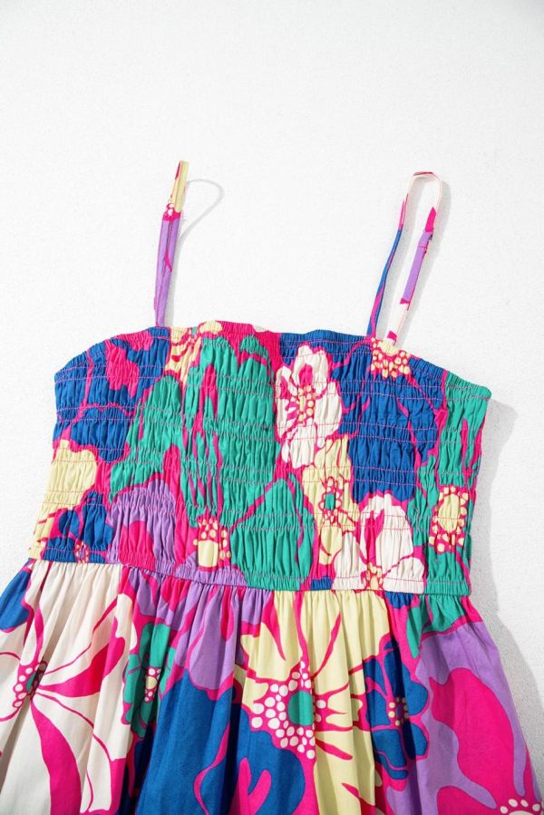 Women Purple Floral Print Shirred Spaghetti Strap Loose Maxi Dress | Maxi Dresses - Image 4