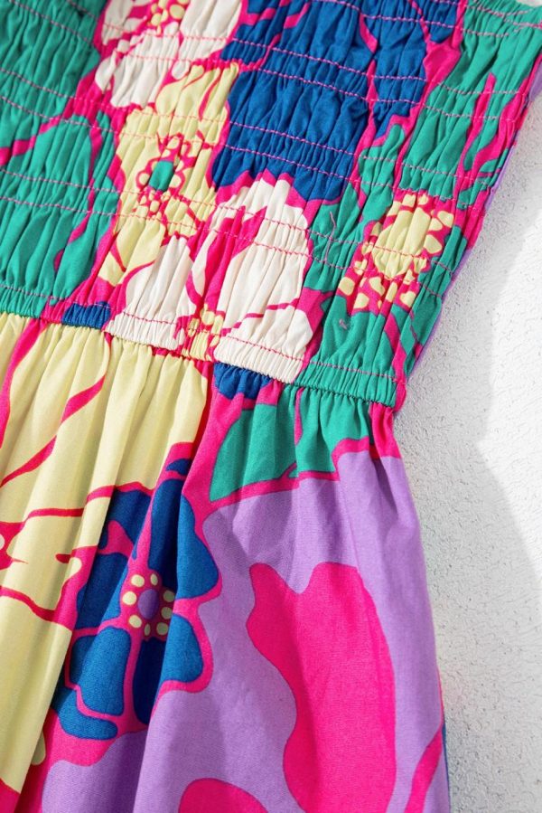 Women Purple Floral Print Shirred Spaghetti Strap Loose Maxi Dress | Maxi Dresses - Image 7