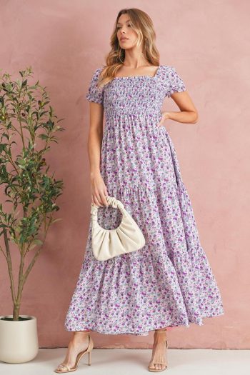 Women Purple Floral Short Bubble Sleeve Smocked High Waist Maxi Dress | Maxi Dresses