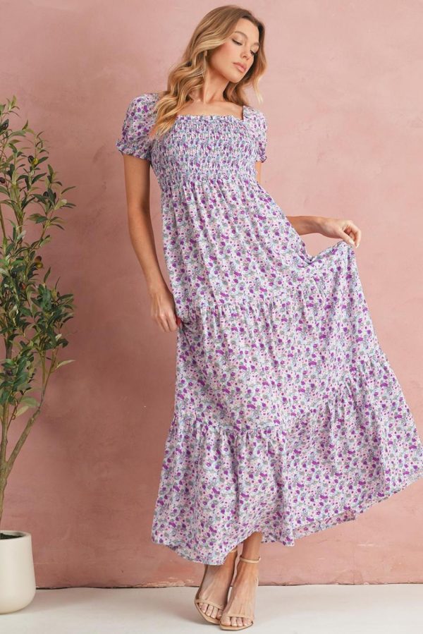 Women Purple Floral Short Bubble Sleeve Smocked High Waist Maxi Dress | Maxi Dresses - Image 2